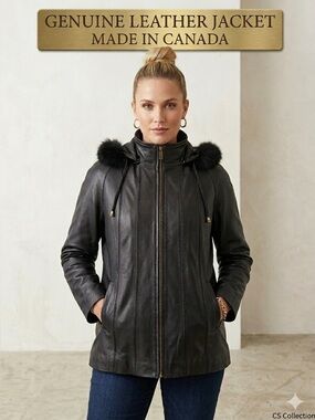 Women's Black Leather Hooded Jacket with Fur Trim - Genuine Leather